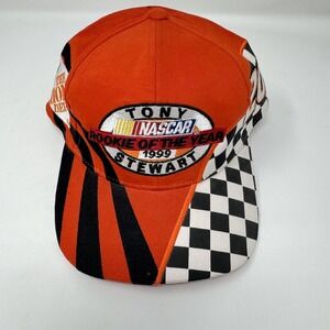 Vintage Tony Stewart Hat Cap Snap Back Orange Black Checkered NASCAR Mens 90s